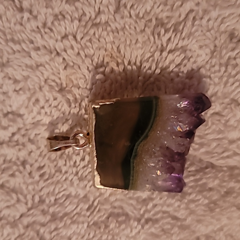 Purple Tipped Crystals Amethyst Pendant Silver‎ Bale Clear Resin Top